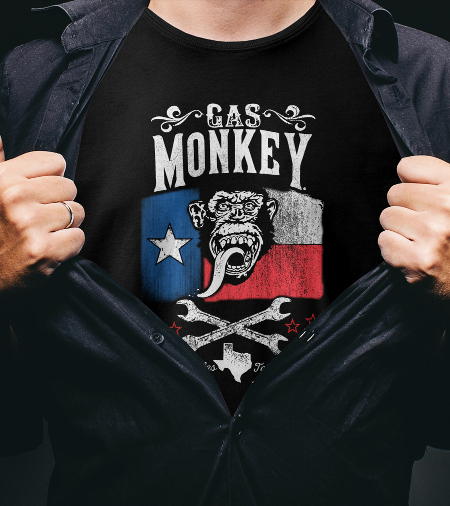 Gas Monkey Garage Dallas Texas Lone Star Flag Monkey Logo Wrenches Stars T-Shirt