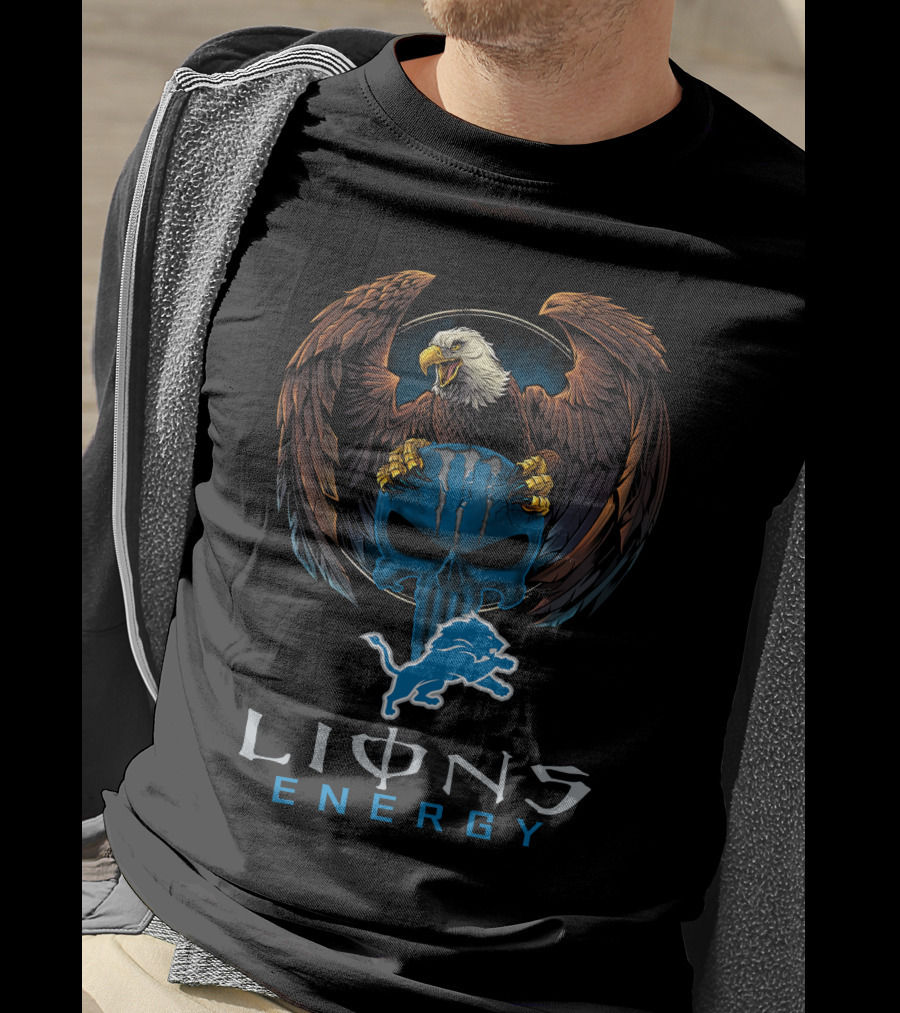 Lions Energy Detroit Logo Bald Eagle Skull T-Shirt