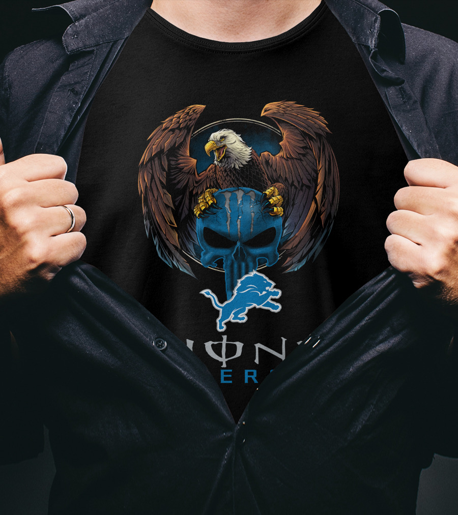 Lions Energy Detroit Logo Bald Eagle Skull T-Shirt