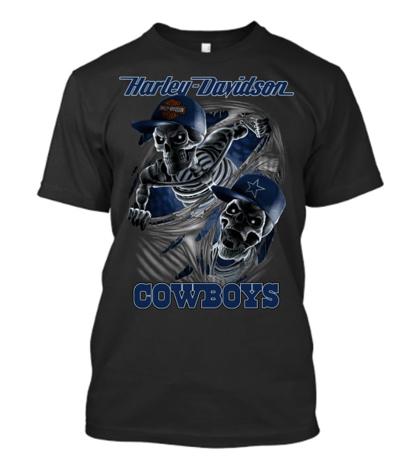 Harley Davidson Cowboys Skeletons In Caps Blue And Silver T-Shirt