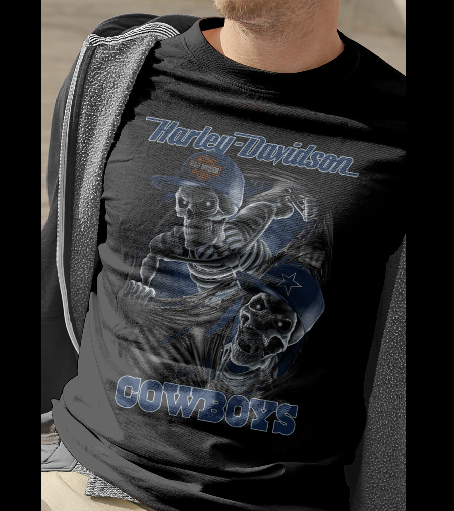 Harley Davidson Cowboys Skeletons In Caps Blue And Silver T-Shirt
