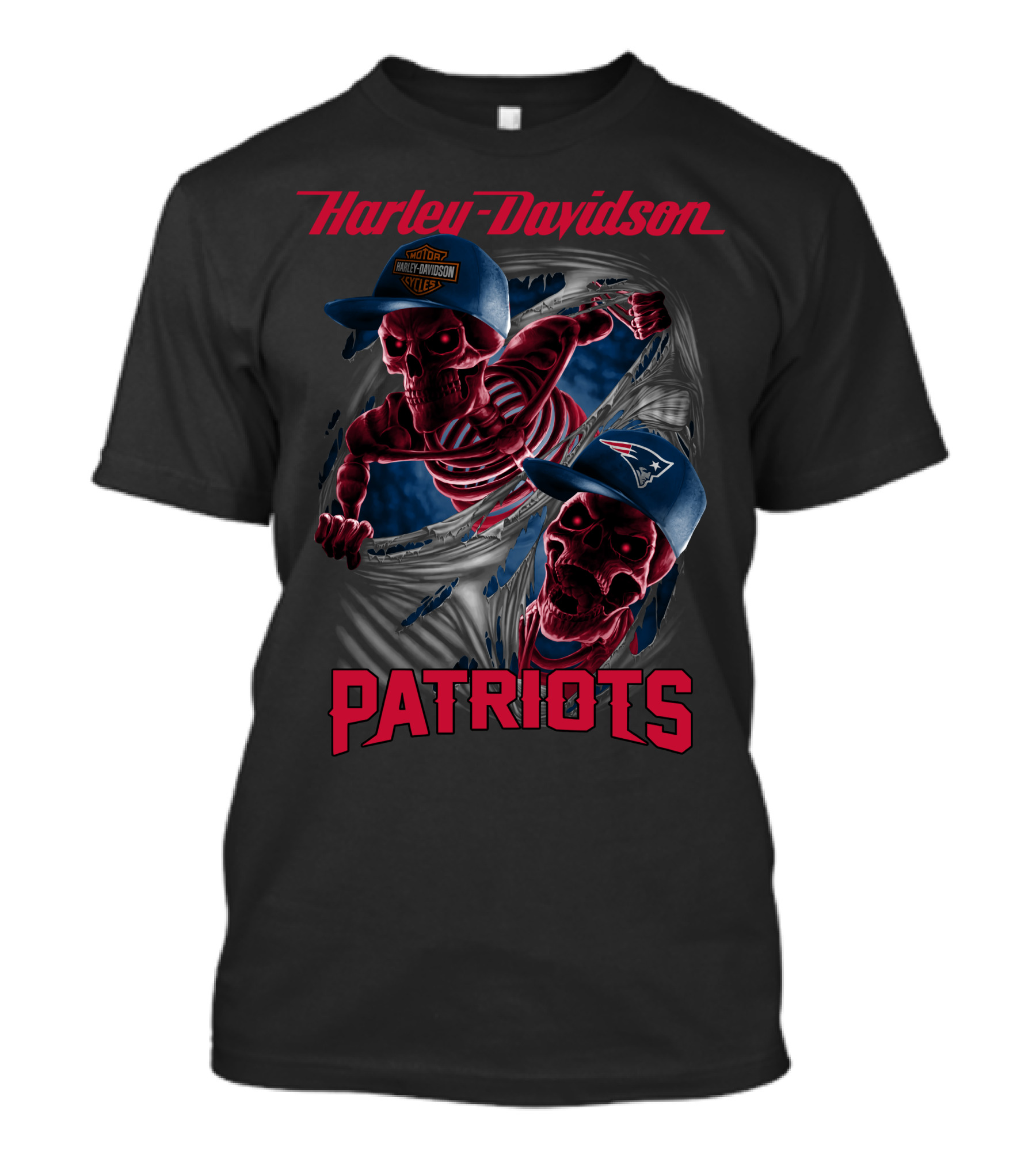 Harley Davidson Patriots Skeletons Breaking Through New England Caps T-Shirt