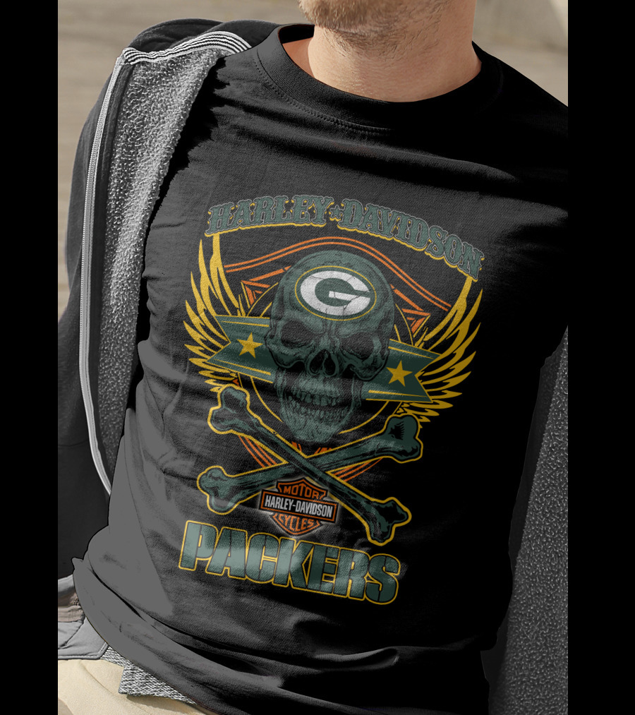 Harley Davidson Green Bay Packers Skull Motor Cycles T-Shirt