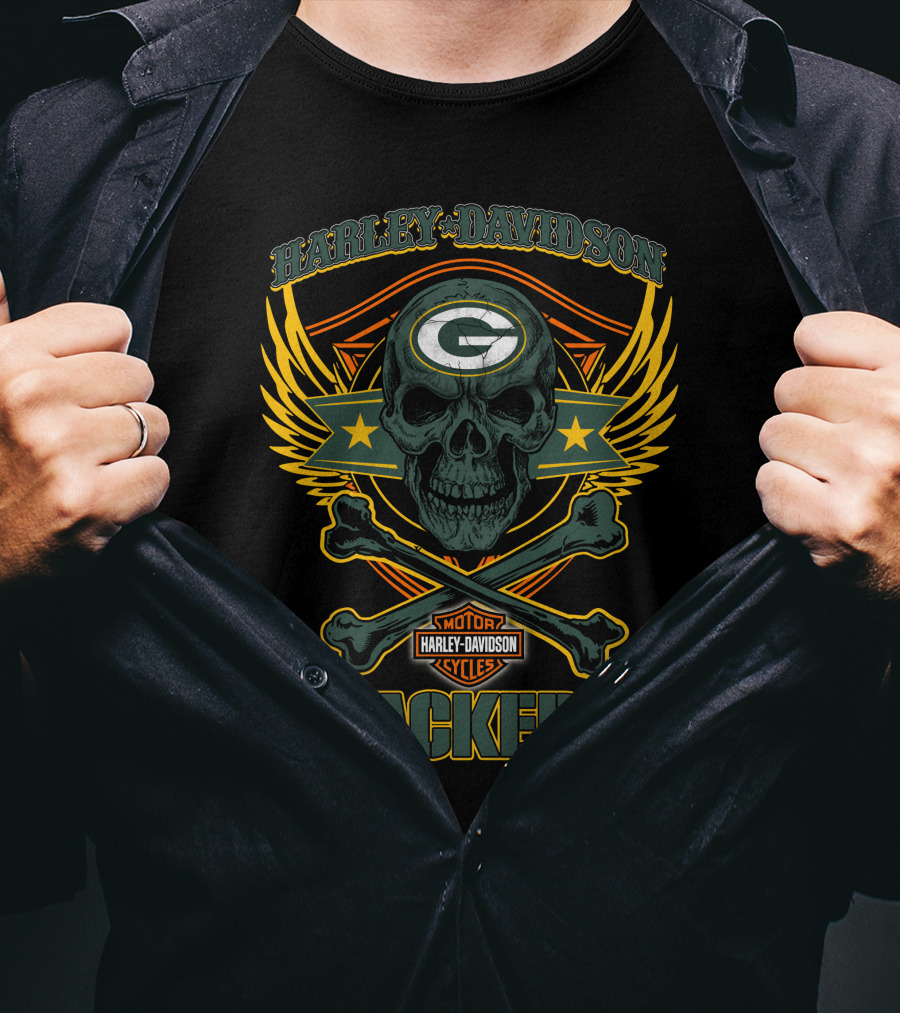 Harley Davidson Green Bay Packers Skull Motor Cycles T-Shirt