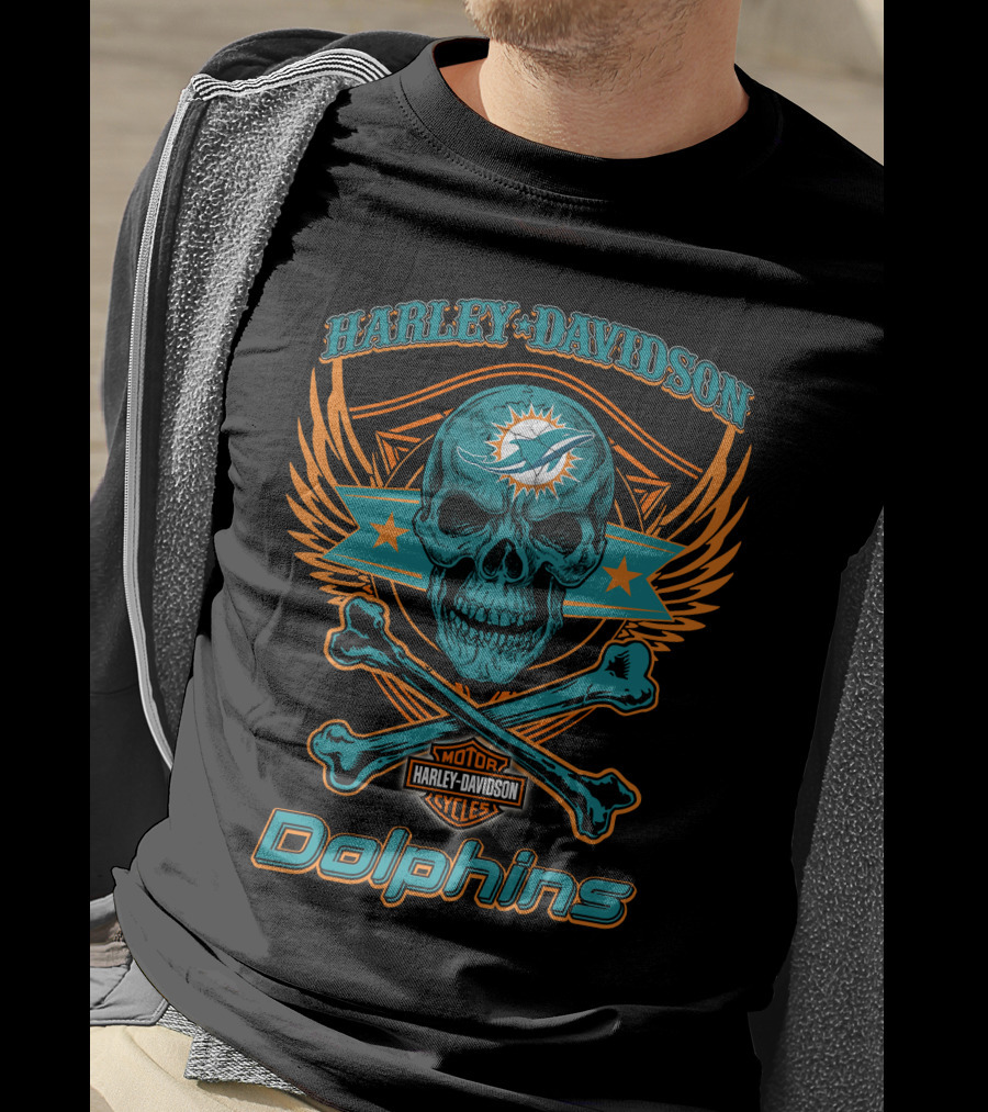 Harley Davidson Motorcycles Miami Dolphins Skull And Crossbones T-Shirt