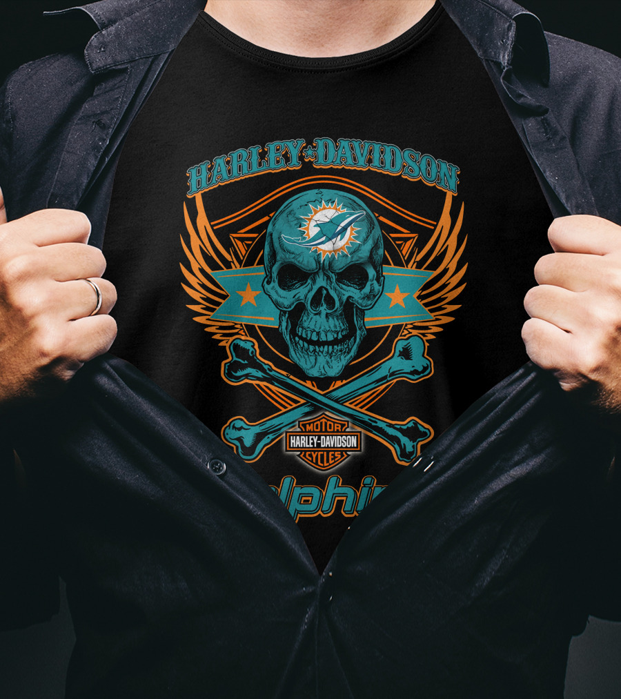 Harley Davidson Motorcycles Miami Dolphins Skull And Crossbones T-Shirt
