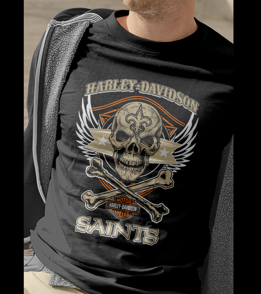 Harley Davidson New Orleans Saints Skull Fleur-De-Lis Wings T-Shirt