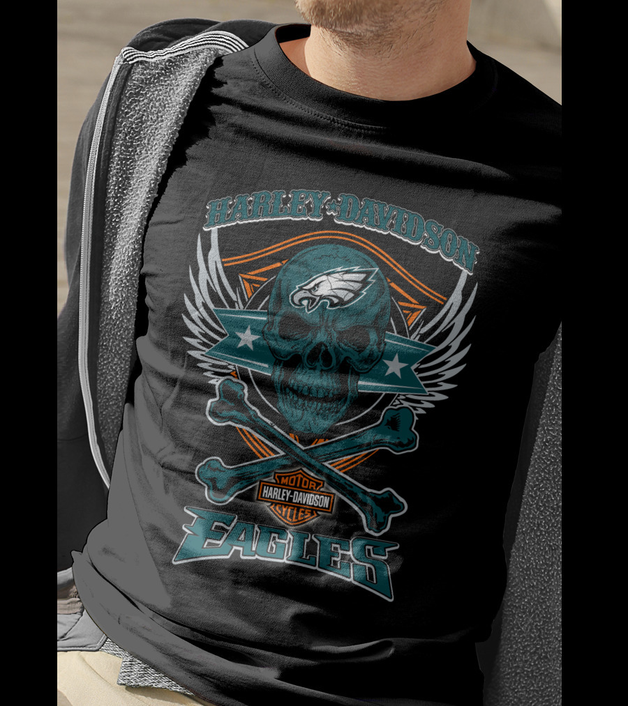 Harley Davidson Philadelphia Eagles Skull Wings T-Shirt