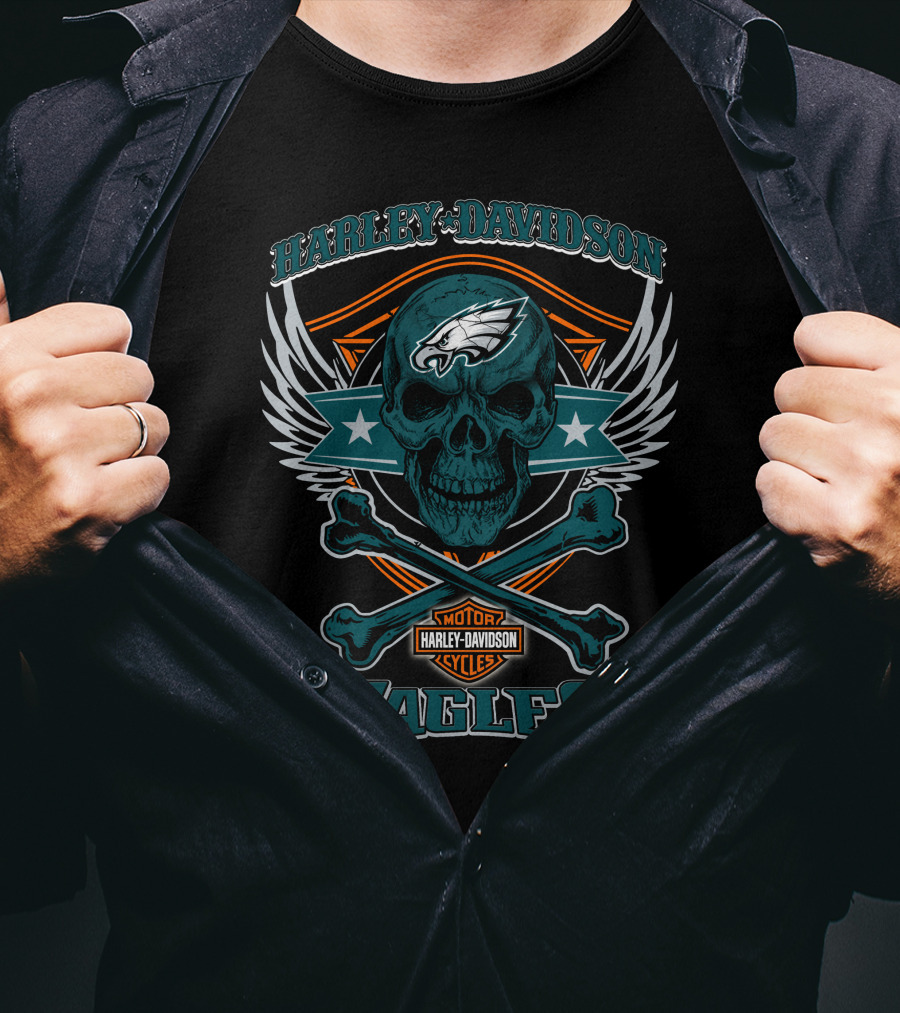 Harley Davidson Philadelphia Eagles Skull Wings T-Shirt