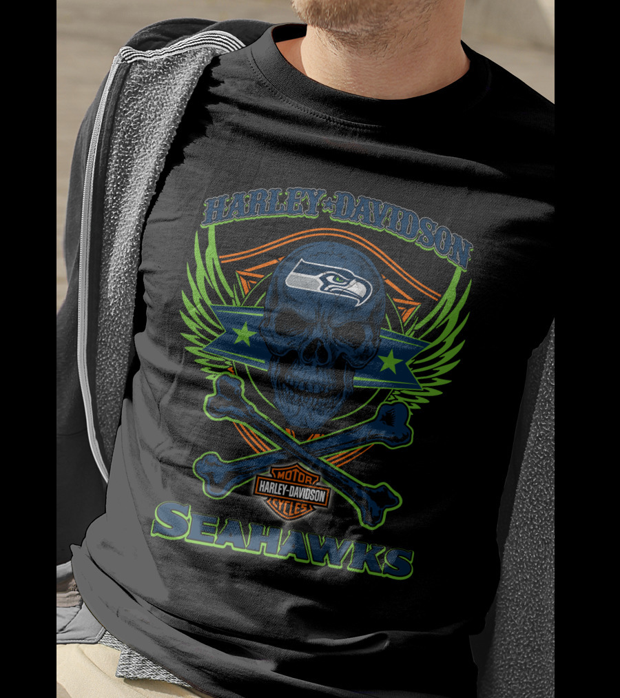 Harley Davidson Seattle Seahawks Skull And Crossbones T-Shirt