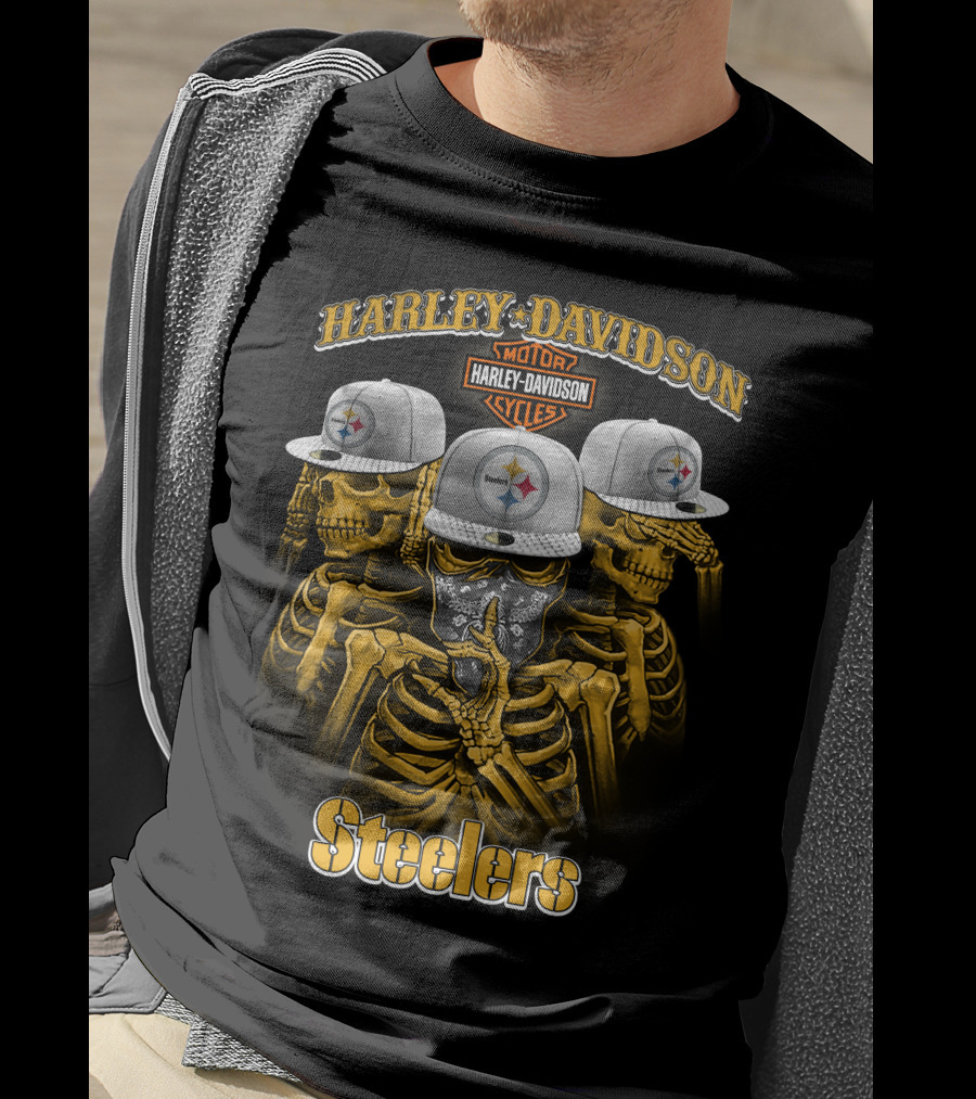Harley Davidson Motor Cycles Steelers Skull Trio T-Shirt