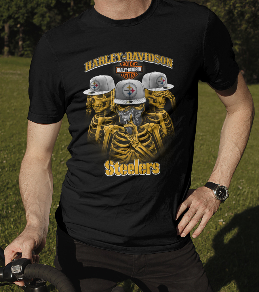 Harley Davidson Motor Cycles Steelers Skull Trio T-Shirt