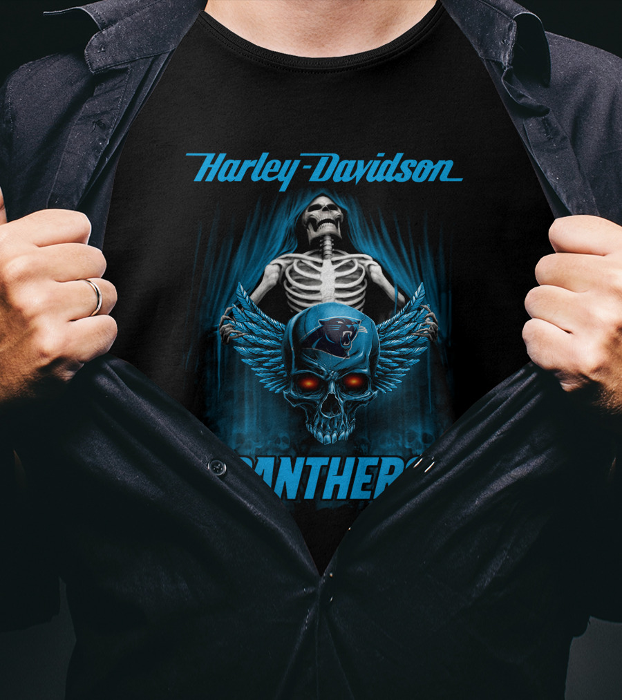 Harley Davidson Panthers Carolina Panthers Nfl Skull Wings Skeleton T-Shirt