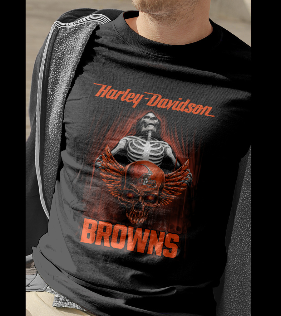 Harley Davidson Cleveland Browns Skull Wings T-Shirt