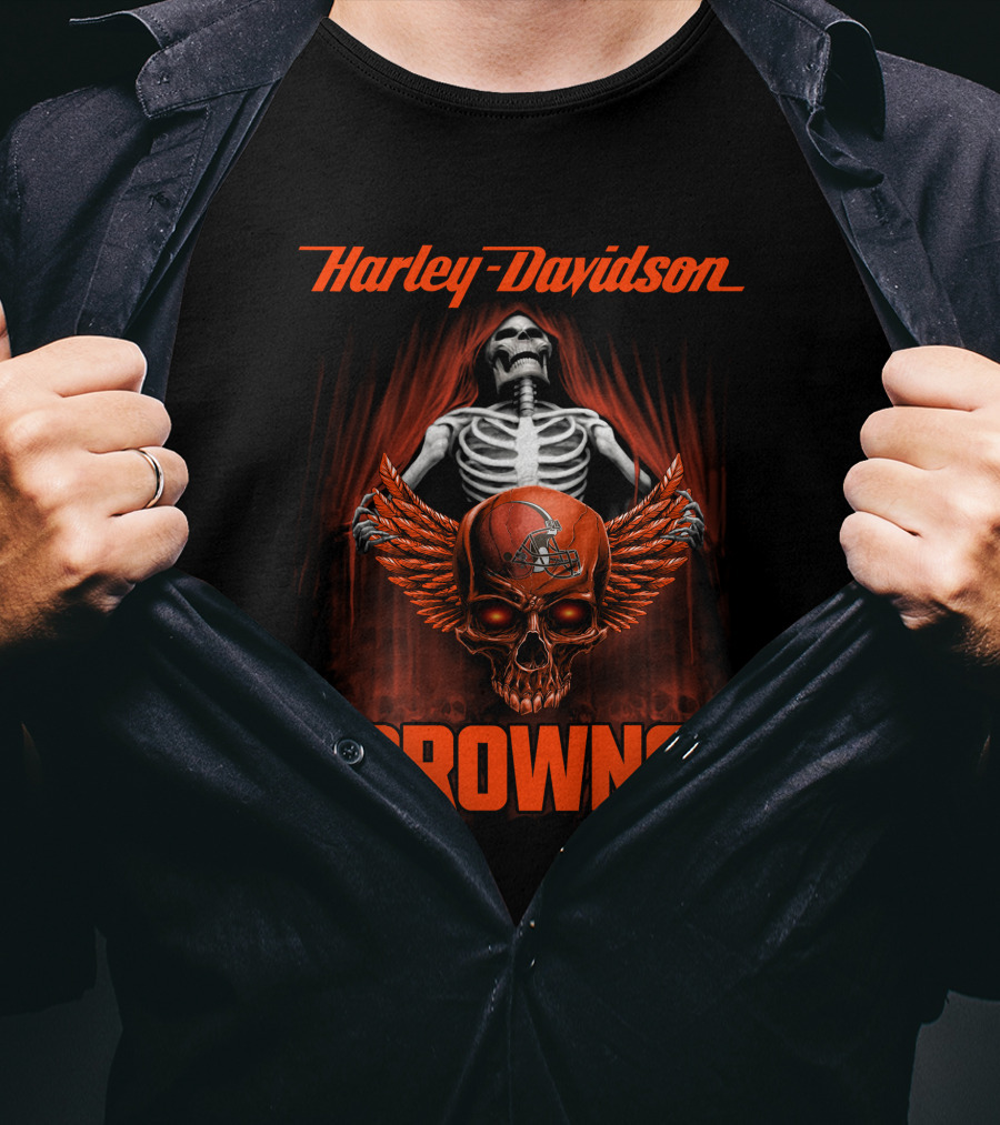 Harley Davidson Cleveland Browns Skull Wings T-Shirt