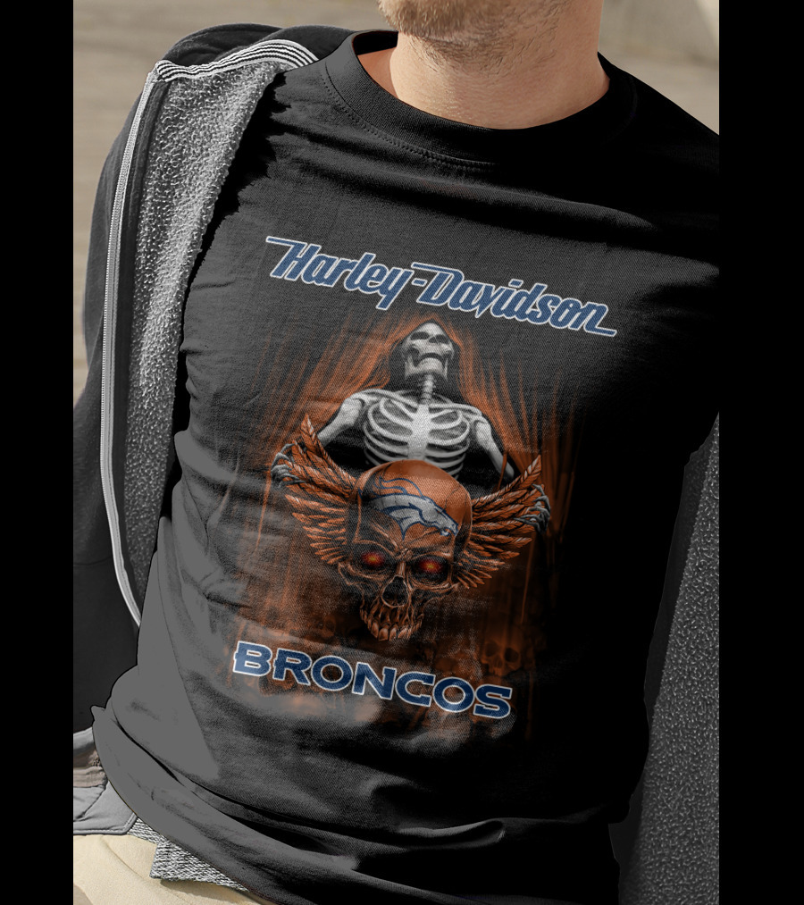 Harley Davidson Broncos Skull Skeleton Denver T-Shirt