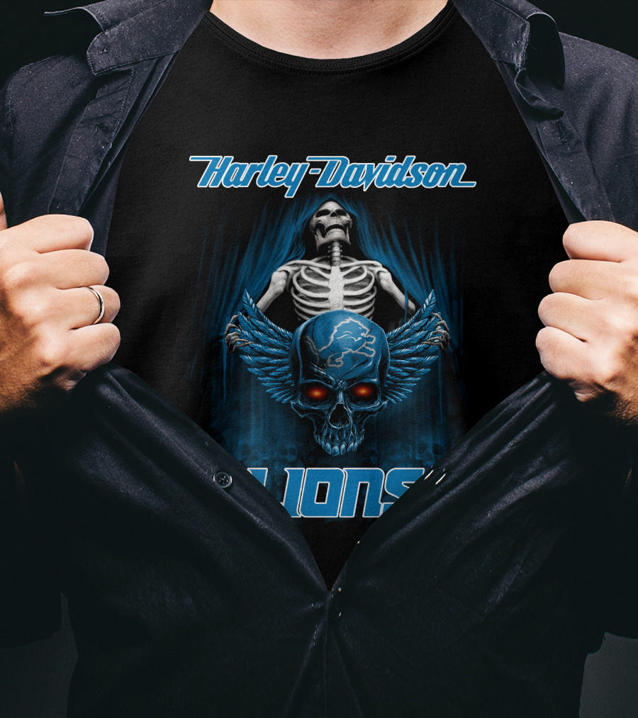 Harley Davidson Lions Skeleton And Winged Skull Detroit T-Shirt