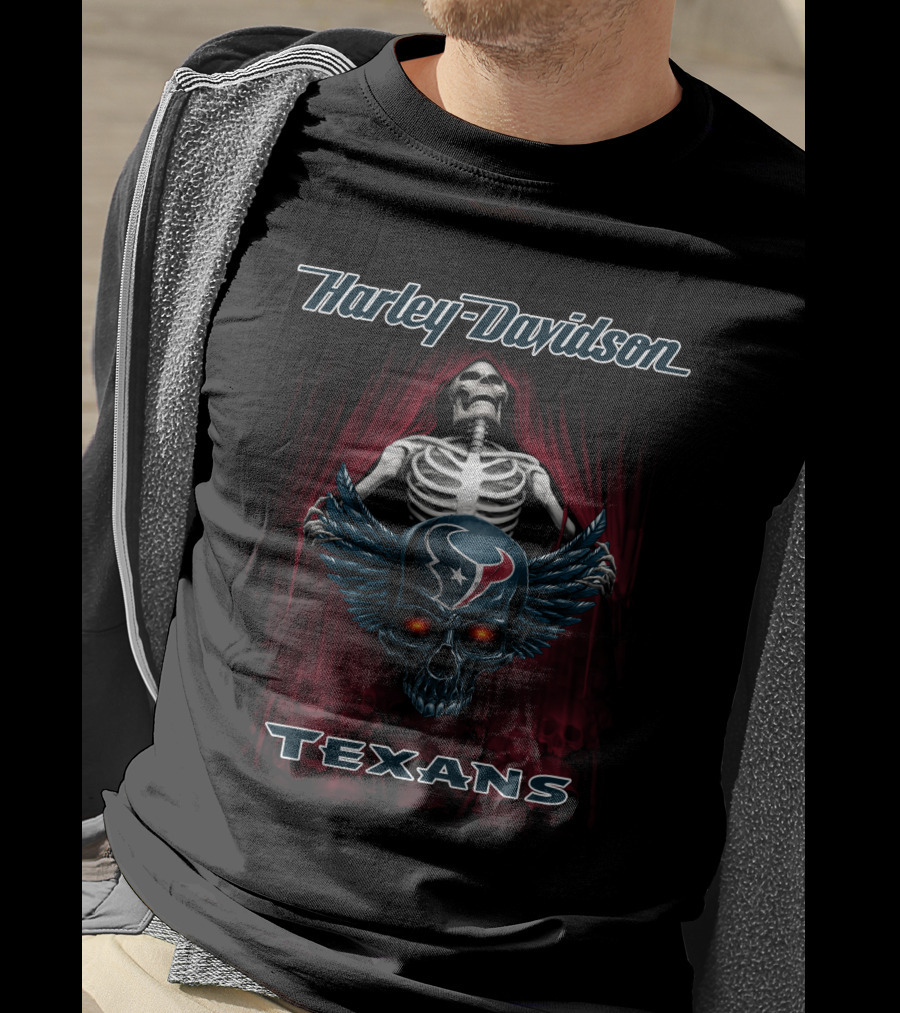 Harley Davidson Houston Texans Skeleton Skull Wings T-Shirt