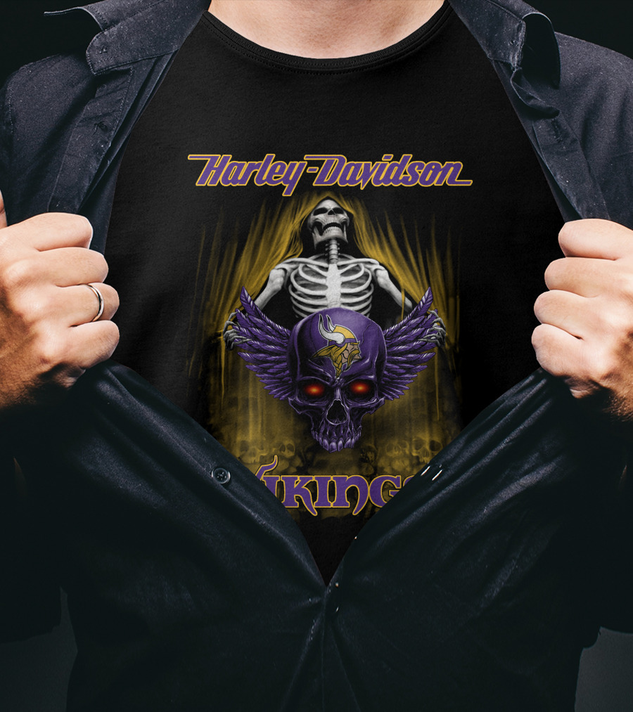 Harley Davidson Skeleton With Minnesota Vikings Skull Hdnfl 0610 T-Shirt
