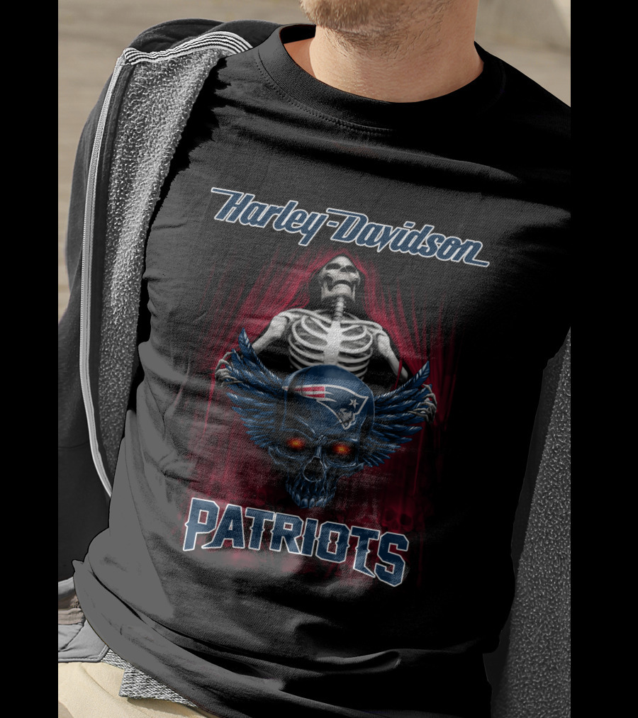 Harley Davidson Patriots Skeleton Skull Nfl New England T-Shirt