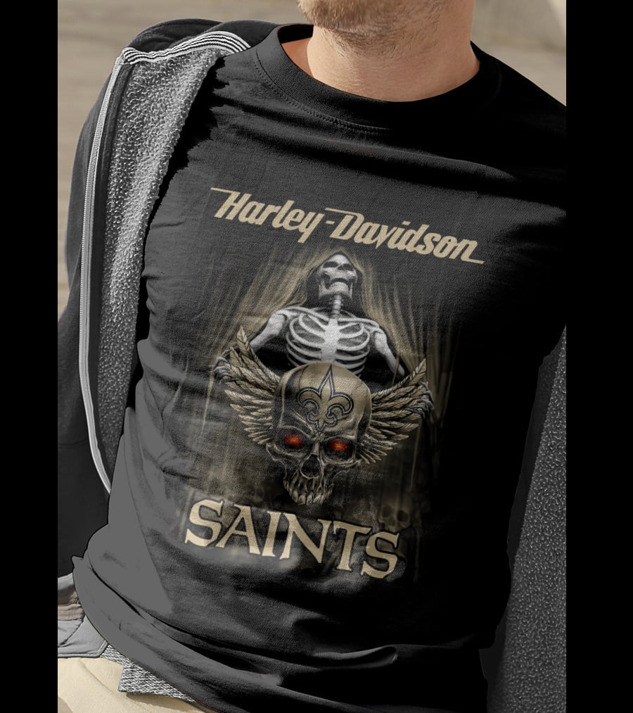 Harley Davidson New Orleans Saints Skull Skeleton Fleur-De-Lis T-Shirt