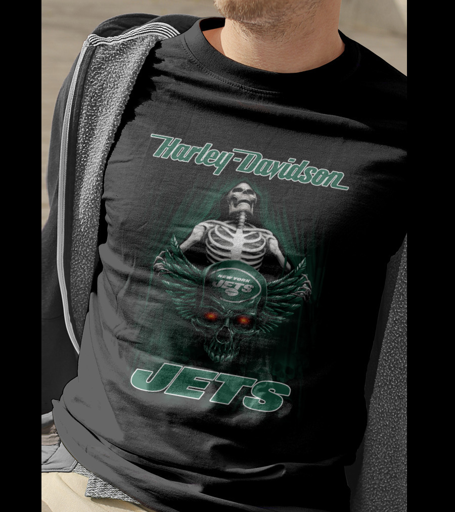 Harley Davidson New York Jets Skeleton Winged Skull T-Shirt