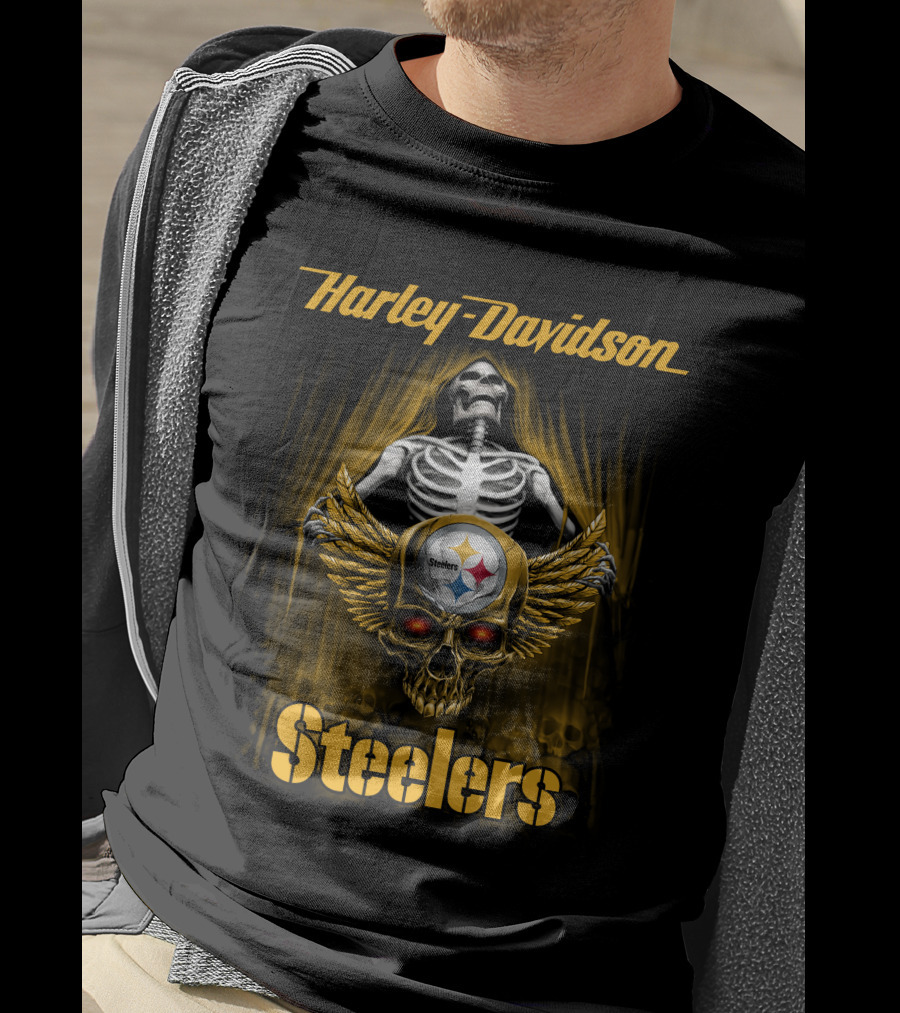 Harley Davidson Steelers Skull With Wings Skeleton T-Shirt