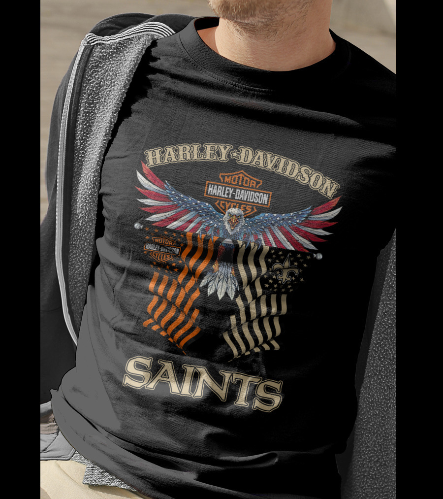 Harley Davidson Saints New Orleans Motorcycle Flag Eagle Fleur-De-Lis T-Shirt