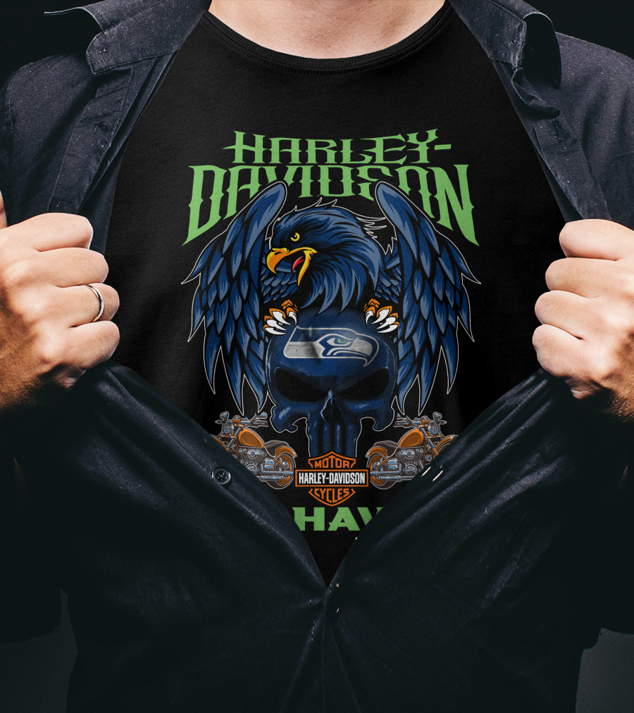 Harley Davidson Seattle Seahawks Motorcycle Skull T-Shirt