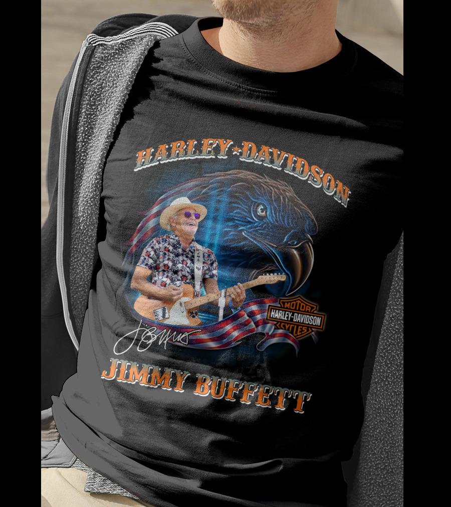 Harley Davidson Jimmy Buffett American Flag Eagle Guitar T-Shirt