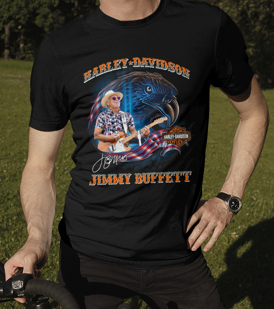 Harley Davidson Jimmy Buffett American Flag Eagle Guitar T-Shirt