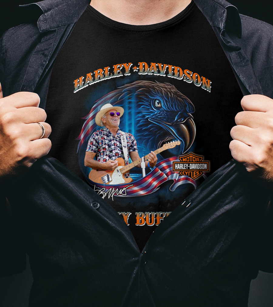 Harley Davidson Jimmy Buffett American Flag Eagle Guitar T-Shirt