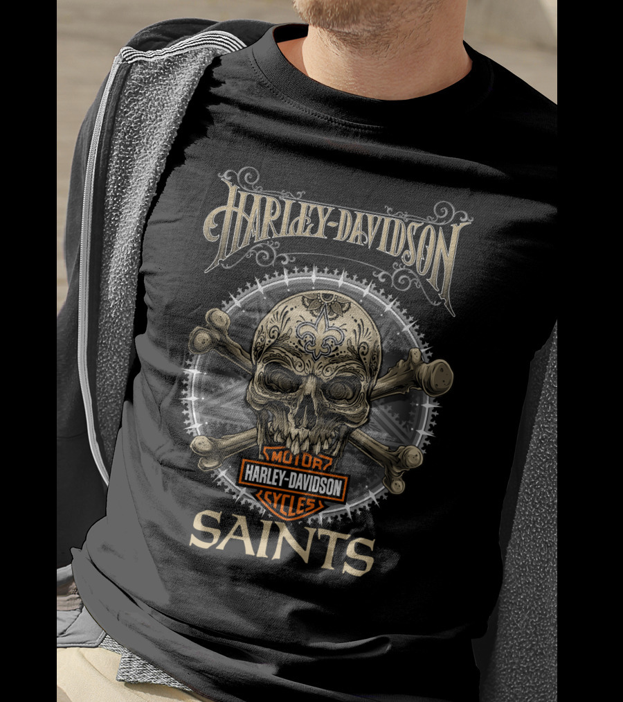 Harley Davidson New Orleans Saints Skull And Crossbones T-Shirt