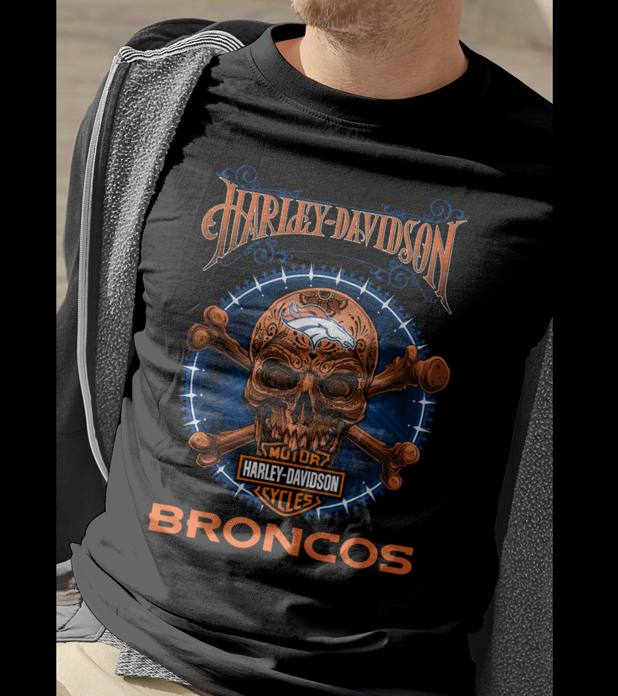 Harley Davidson Denver Broncos Motor Cycles Skull Em Up T-Shirt