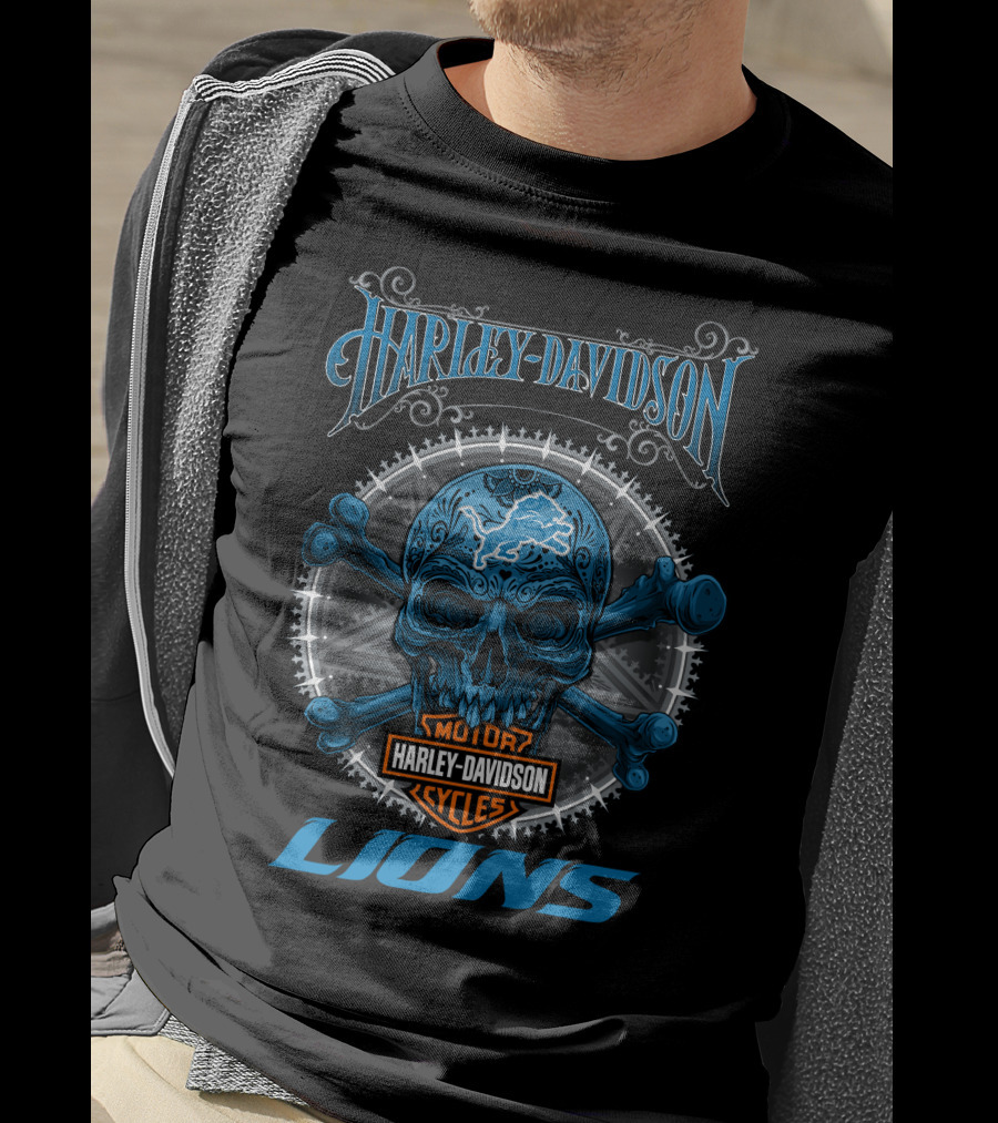 Harley Davidson Motor Cycles Skull Detroit Lions T-Shirt