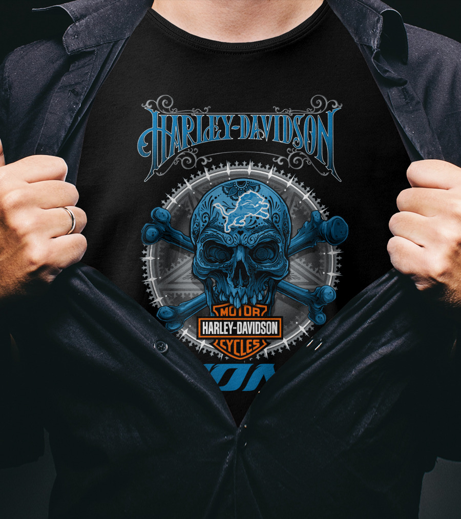 Harley Davidson Motor Cycles Skull Detroit Lions T-Shirt
