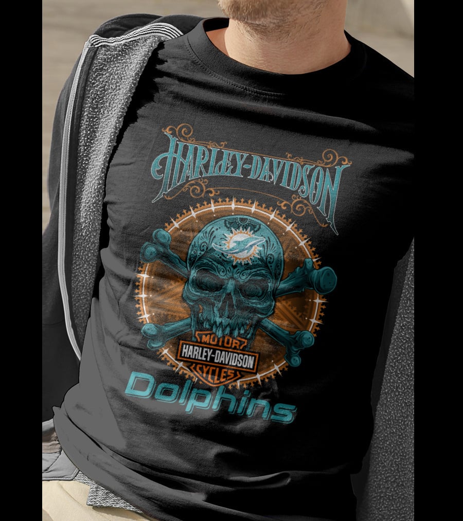 Harley Davidson Miami Dolphins Motor Cycles Skeleton Skull T-Shirt