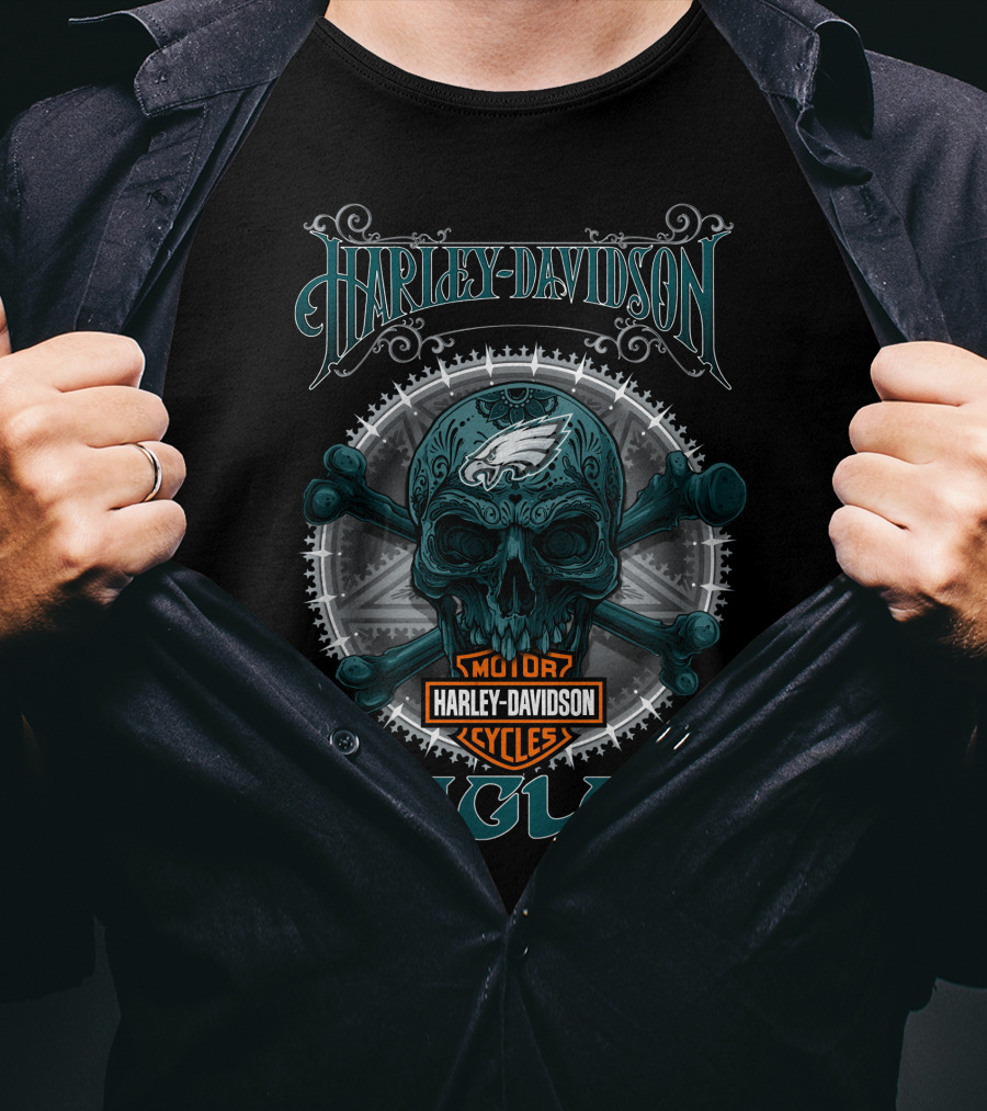 Harley Davidson Philadelphia Eagles Motor Cycles Skull T-Shirt