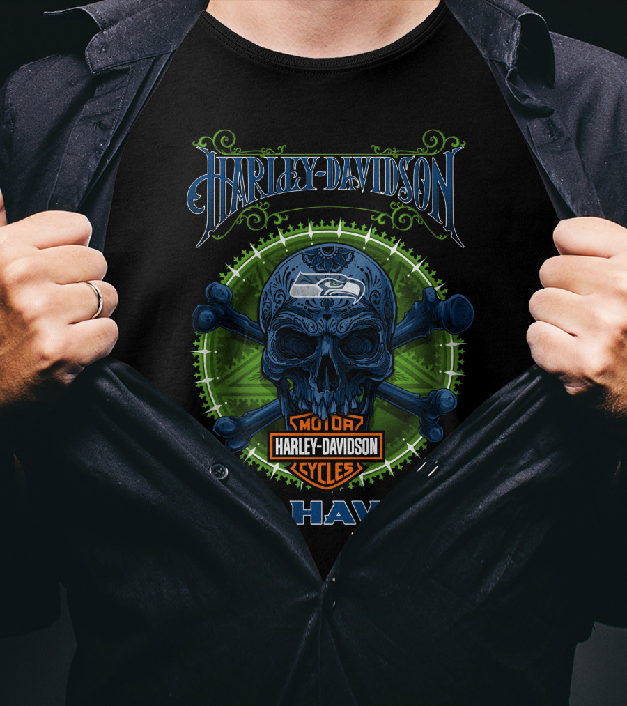 Harley Davidson Motor Cycles Seahawks Skull Hd9 Seattle T-Shirt