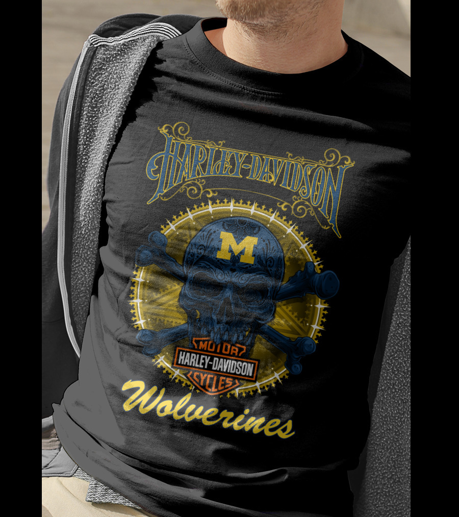 Harley Davidson Michigan Wolverines Skull Motor Cycles T-Shirt