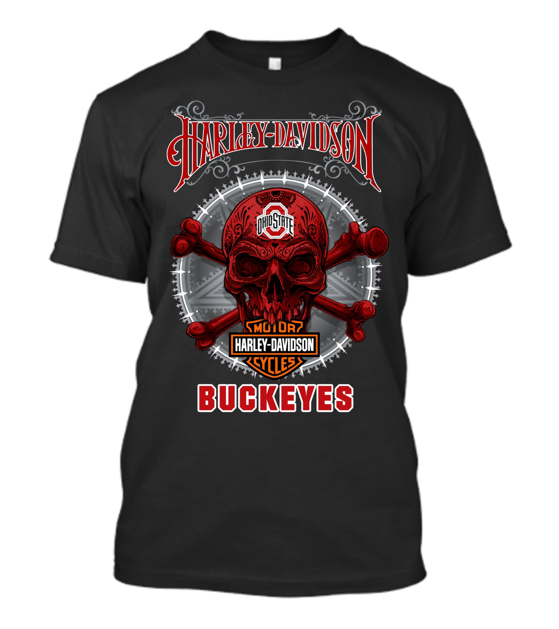 Harley Davidson Ohio State Buckeyes Skull Motor Cycles T-Shirt