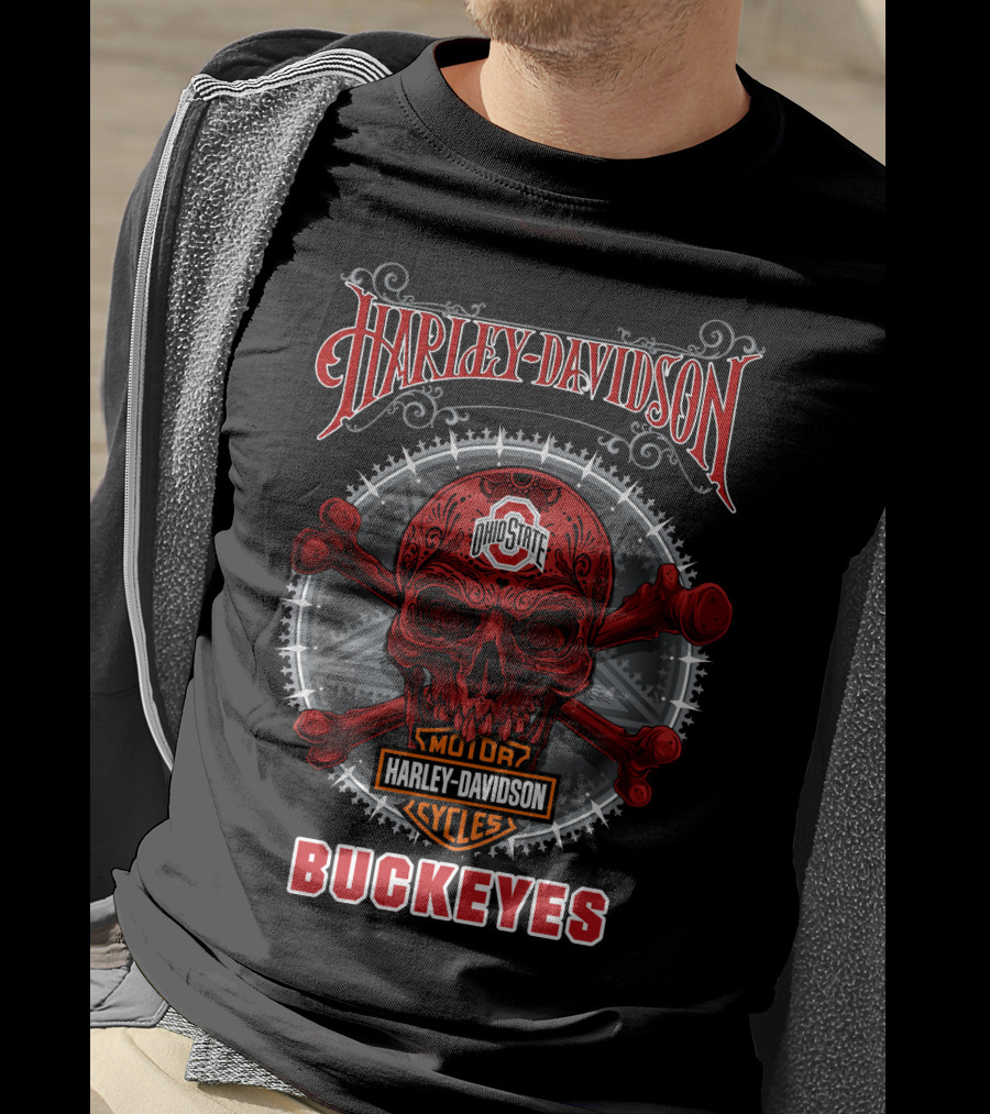 Harley Davidson Ohio State Buckeyes Skull Motor Cycles T-Shirt