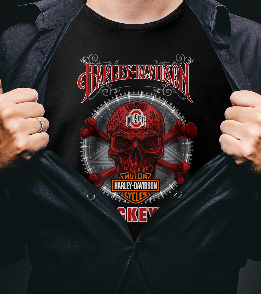Harley Davidson Ohio State Buckeyes Skull Motor Cycles T-Shirt