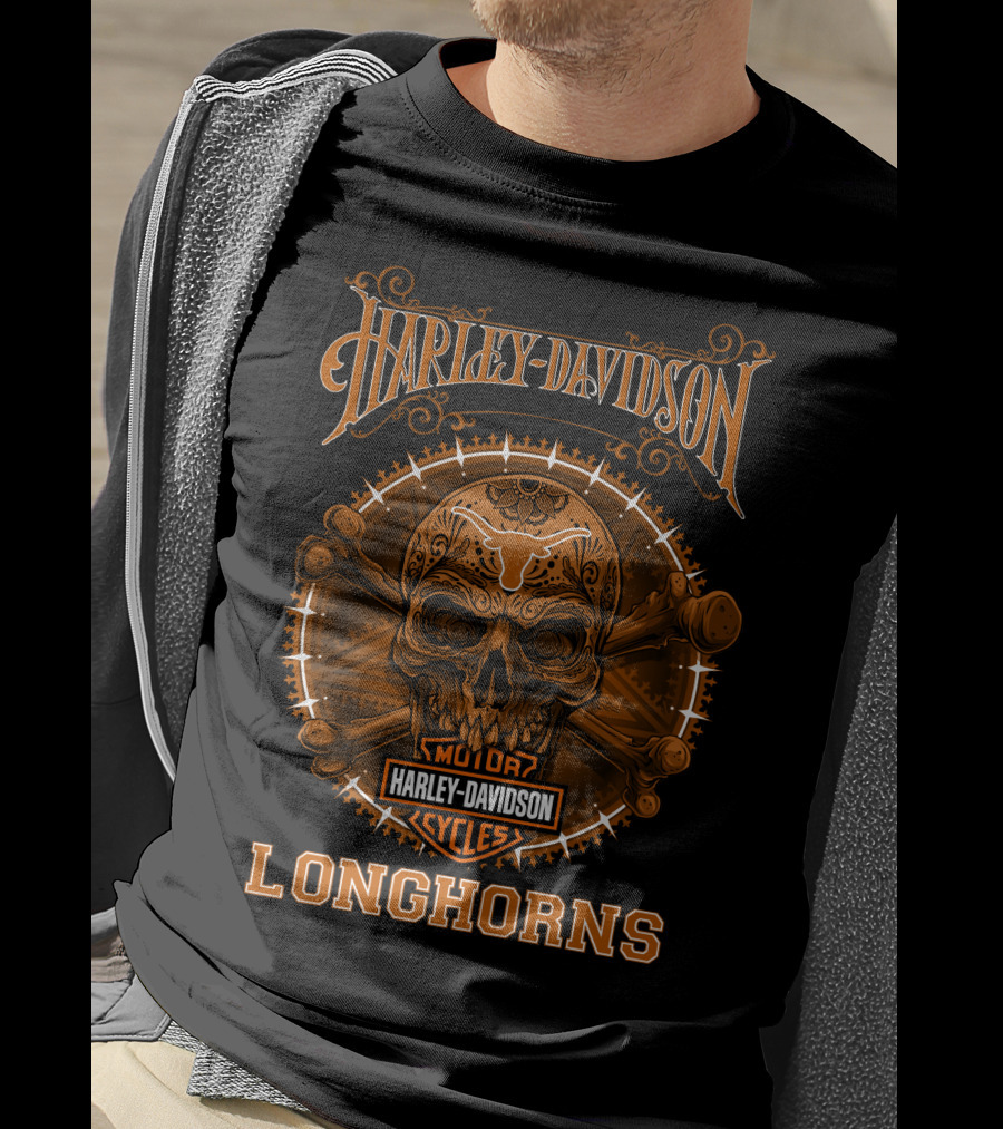 Harley Davidson Longhorns Skull Design Motor Cycles T-Shirt