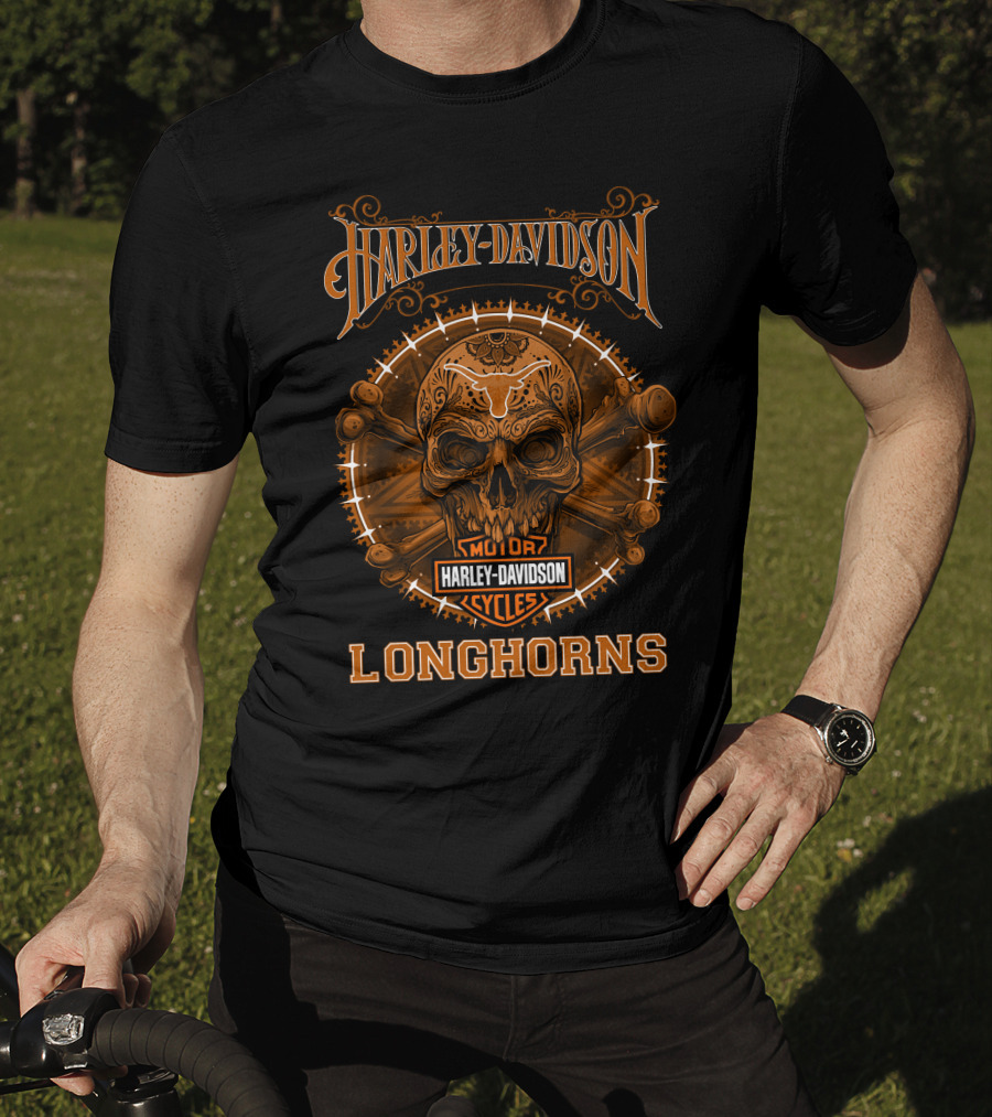 Harley Davidson Longhorns Skull Design Motor Cycles T-Shirt