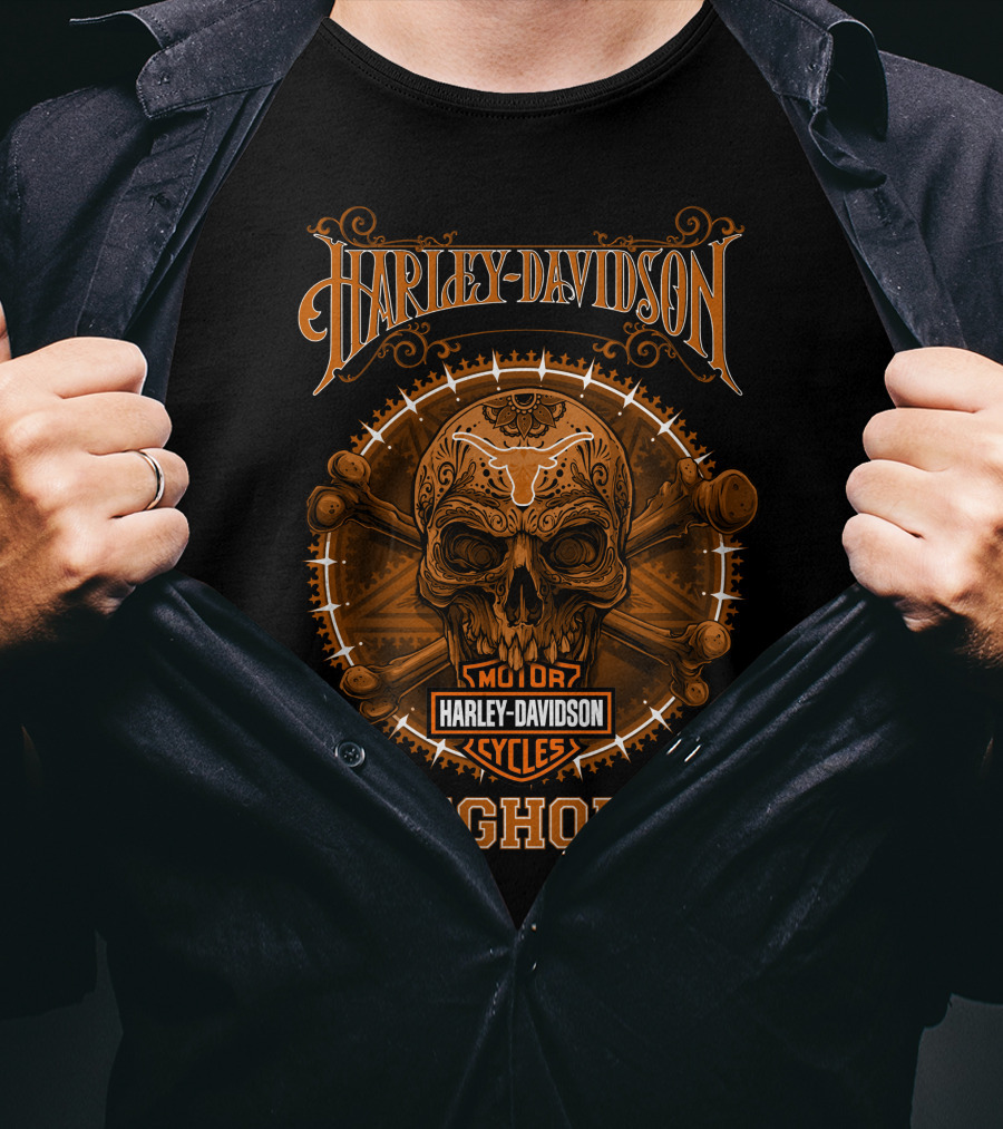 Harley Davidson Longhorns Skull Design Motor Cycles T-Shirt