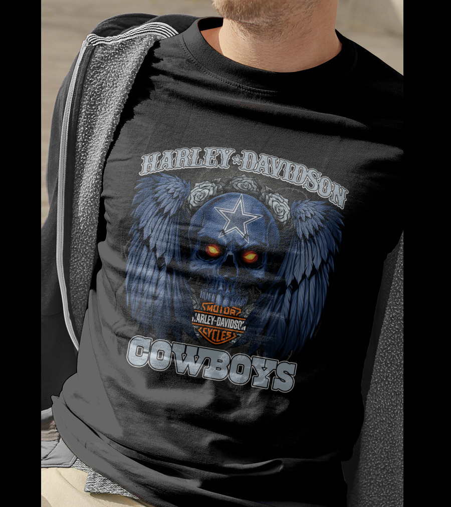 Harley Davidson Cycles Cowboys Skull With Wings And Star T-Shirt