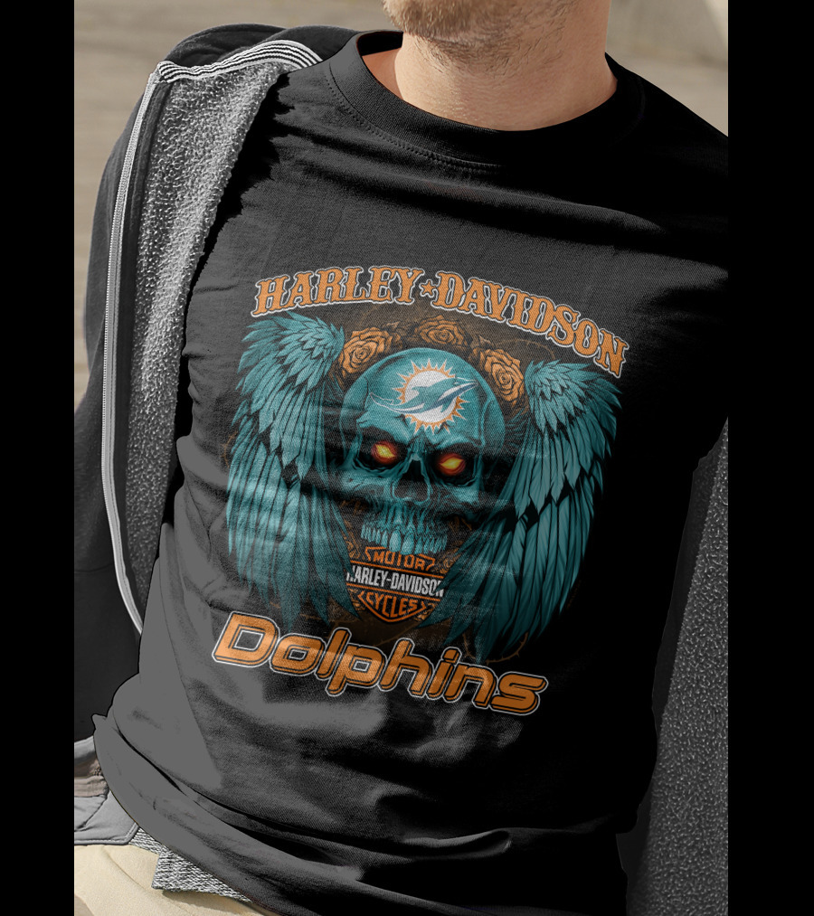 Harley Davidson Miami Dolphins Skull Wings T-Shirt