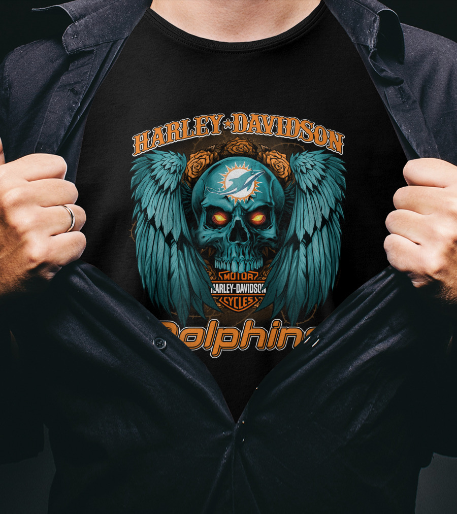 Harley Davidson Miami Dolphins Skull Wings T-Shirt