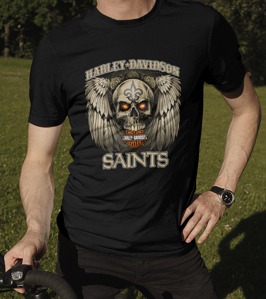 Harley Davidson Motor Cycles New Orleans Saints Skull Wings Fleur-De-Lis T-Shirt